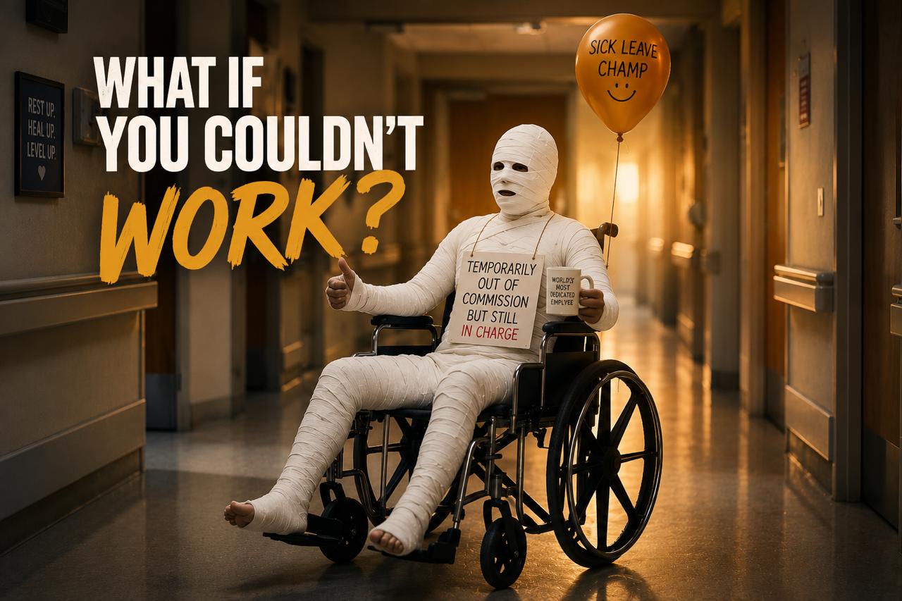 Person in a wheelchair recovering from injury, with the words What If You Couldn't Work?