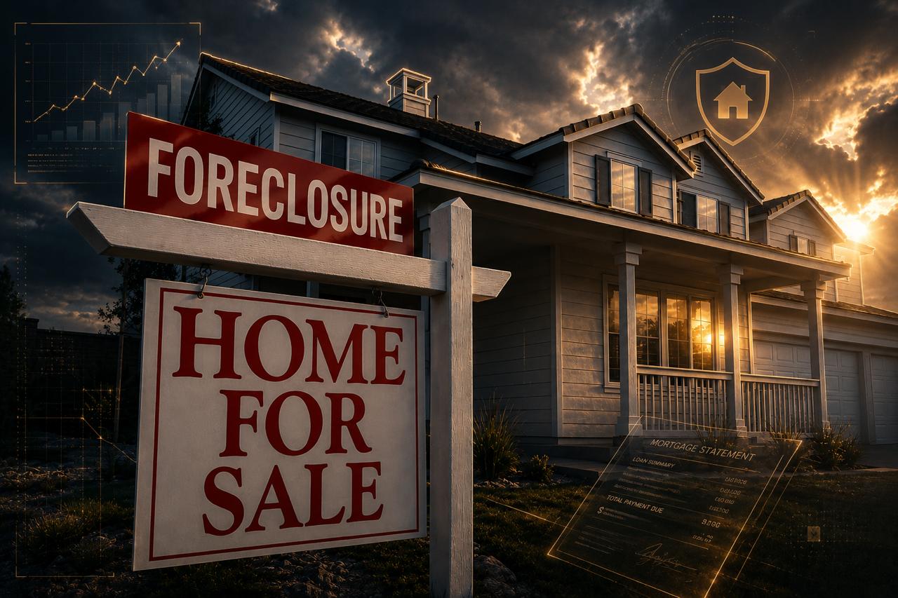 Foreclosure and Home For Sale sign in front of a house at sunset