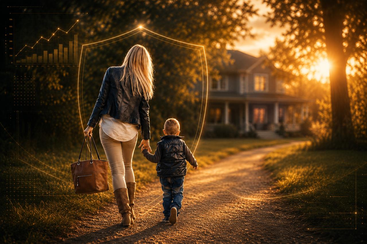 Mother and young son walking hand in hand toward their home at sunset