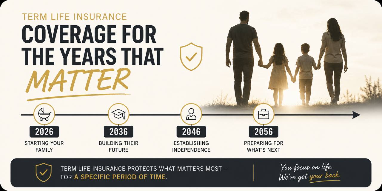 Term life insurance timeline from 2026 to 2056 with milestones: starting your family, building their future, establishing independence, preparing for what's next