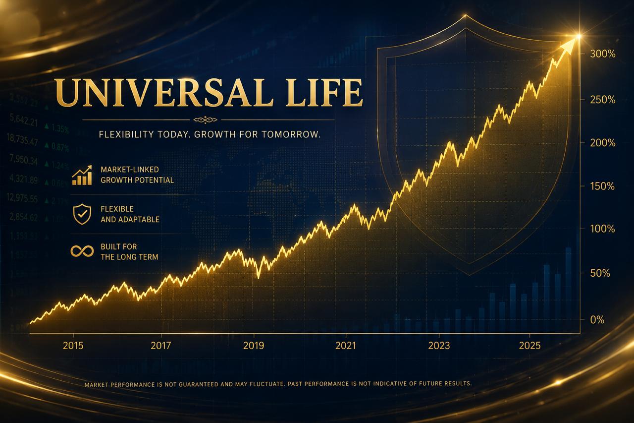 Universal Life rising gold market-growth line from 2015 to 2025 with a gold shield, representing market-linked flexible permanent coverage