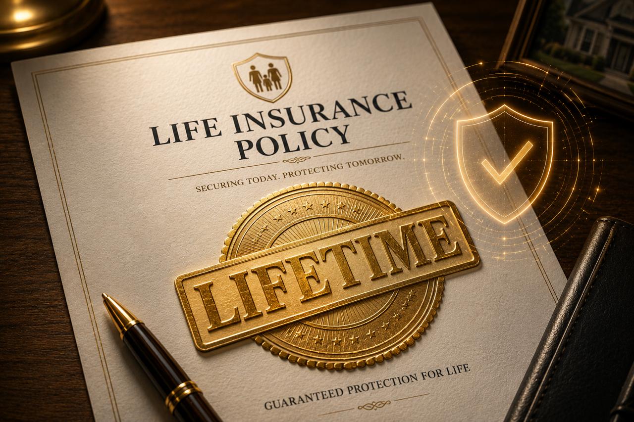 Life Insurance Policy document stamped LIFETIME with a gold shield, representing guaranteed lifelong whole life coverage